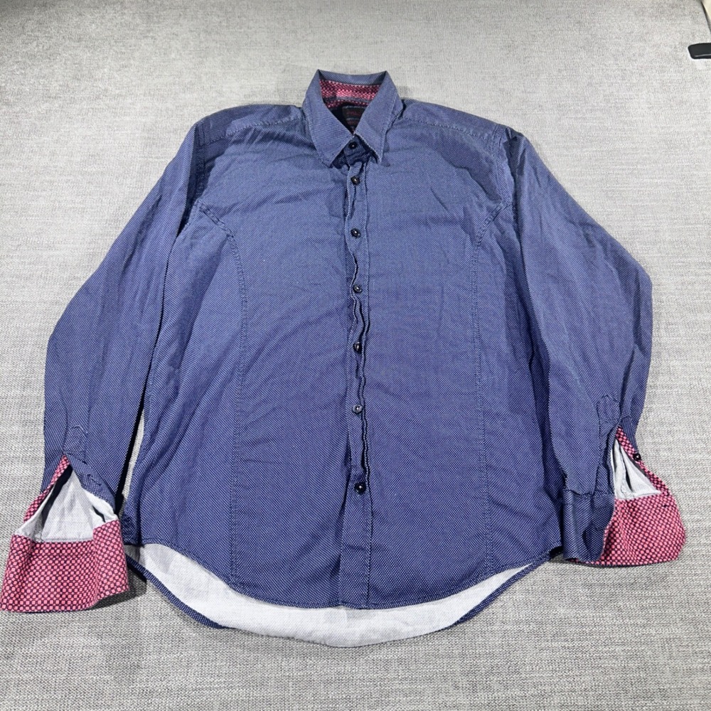 Eight X Button Down Shirt Mens Large Navy Blue Excellent Classic Fit Micro Dot